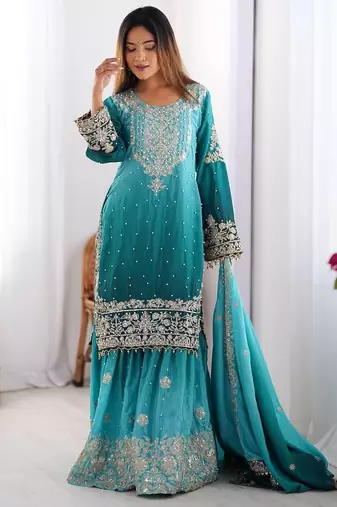 Multi color chinnon silk heavy embroidery work wedding wear sharara suit- full stitched free size