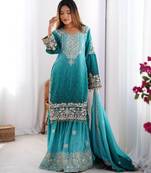 Multi color chinnon silk heavy embroidery work wedding wear sharara suit- full stitched free size
