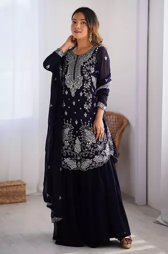 Blue color faux georgette embroidery work party wear sharara set