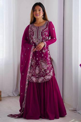 Rani color faux georgette embroidery work party wear sharara set