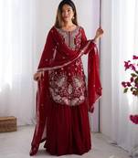 Red color faux georgette embroidery work party wear sharara set