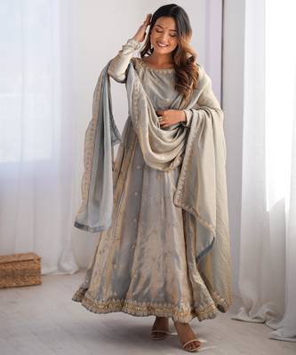 Grey fendy silk embroidery work fully gown- full free size 1