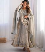 Grey colour fendy silk embroidery work fully stitched gown- full stitched free size