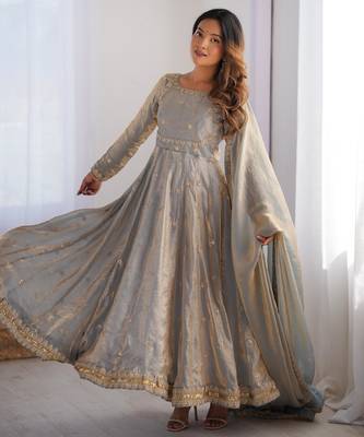 Grey fendy silk embroidery work fully gown- full free size 3