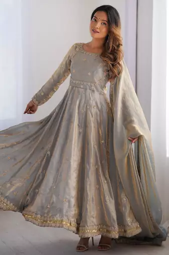 Grey fendy silk embroidery work fully gown- full free size