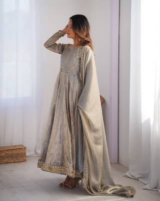 Grey fendy silk embroidery work fully gown- full free size 4
