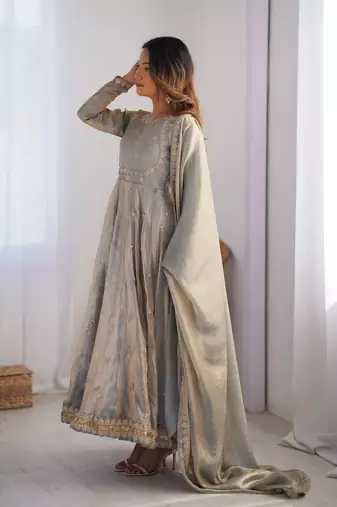 Grey fendy silk embroidery work fully gown- full free size