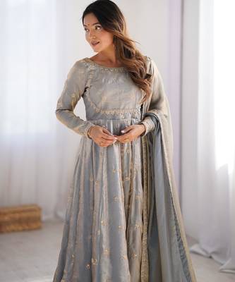 Grey fendy silk embroidery work fully gown- full free size 5