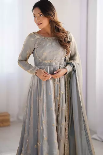 Grey fendy silk embroidery work fully gown- full free size