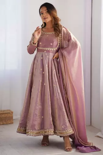 Lavender colour fendy silk embroidery work fully stitched gown- full stitched free size