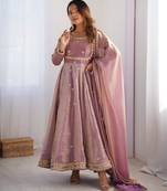 Lavender colour fendy silk embroidery work fully stitched gown- full stitched free size