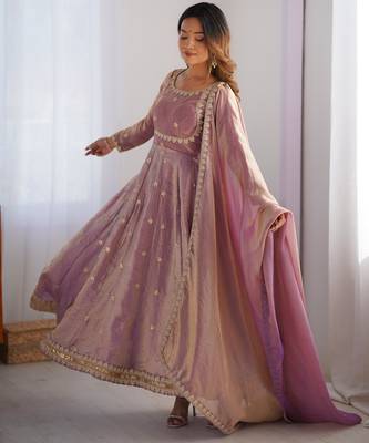 Lavender colour fendy silk embroidery work fully gown- full free size 3