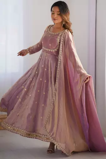Lavender colour fendy silk embroidery work fully gown- full free size