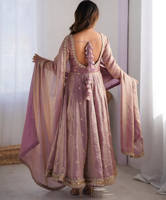 Lavender colour fendy silk embroidery work fully gown- full free size 5