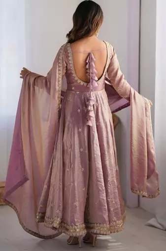 Lavender colour fendy silk embroidery work fully gown- full free size
