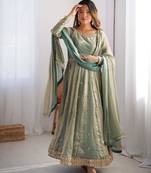 Mint green colour fendy silk embroidery work fully stitched gown- full stitched free size