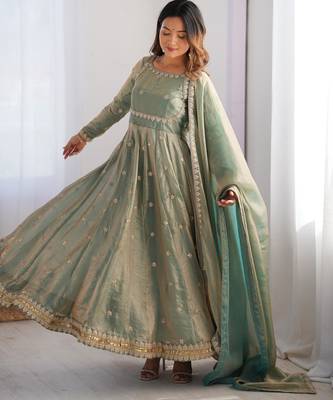 Mint green colour fendy silk embroidery work fully gown- full free size 3