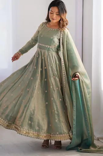 Mint green colour fendy silk embroidery work fully gown- full free size