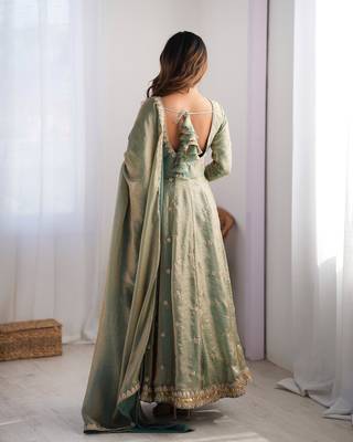 Mint green colour fendy silk embroidery work fully gown- full free size 4