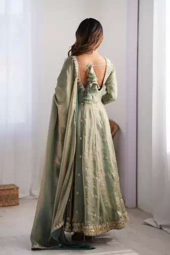 Mint green colour fendy silk embroidery work fully gown- full free size