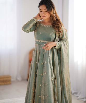 Mint green colour fendy silk embroidery work fully gown- full free size 5