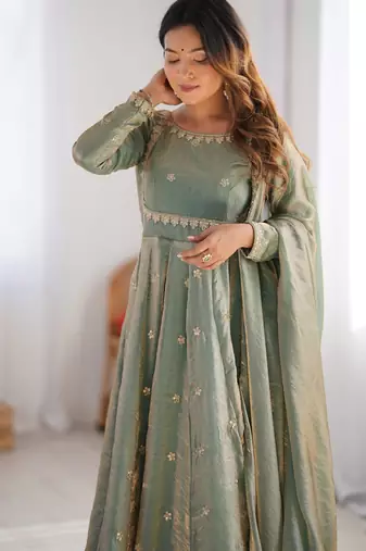 Mint green colour fendy silk embroidery work fully gown- full free size
