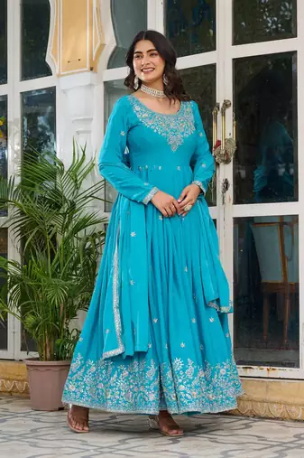 Sky colour american silk embroidery work fully stitched gown- full stitched free size