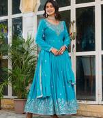 Sky colour american silk embroidery work fully stitched gown- full stitched free size