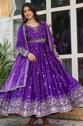 Purple colour american silk embroidery work fully stitched gown- full stitched free size