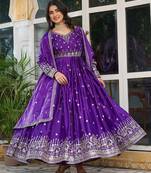 Purple colour american silk embroidery work fully stitched gown- full stitched free size