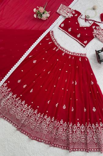 Elegant Bridal Wear:  Stitched Lehenga Choli Set in Red