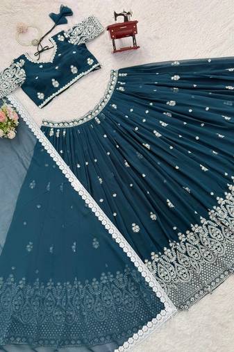 Elegant Bridal Wear:  Stitched Lehenga Choli Set in Bottle Green