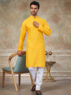 Yellow colour rayon cotton with weaving sifly kurta pajama mens wear 1