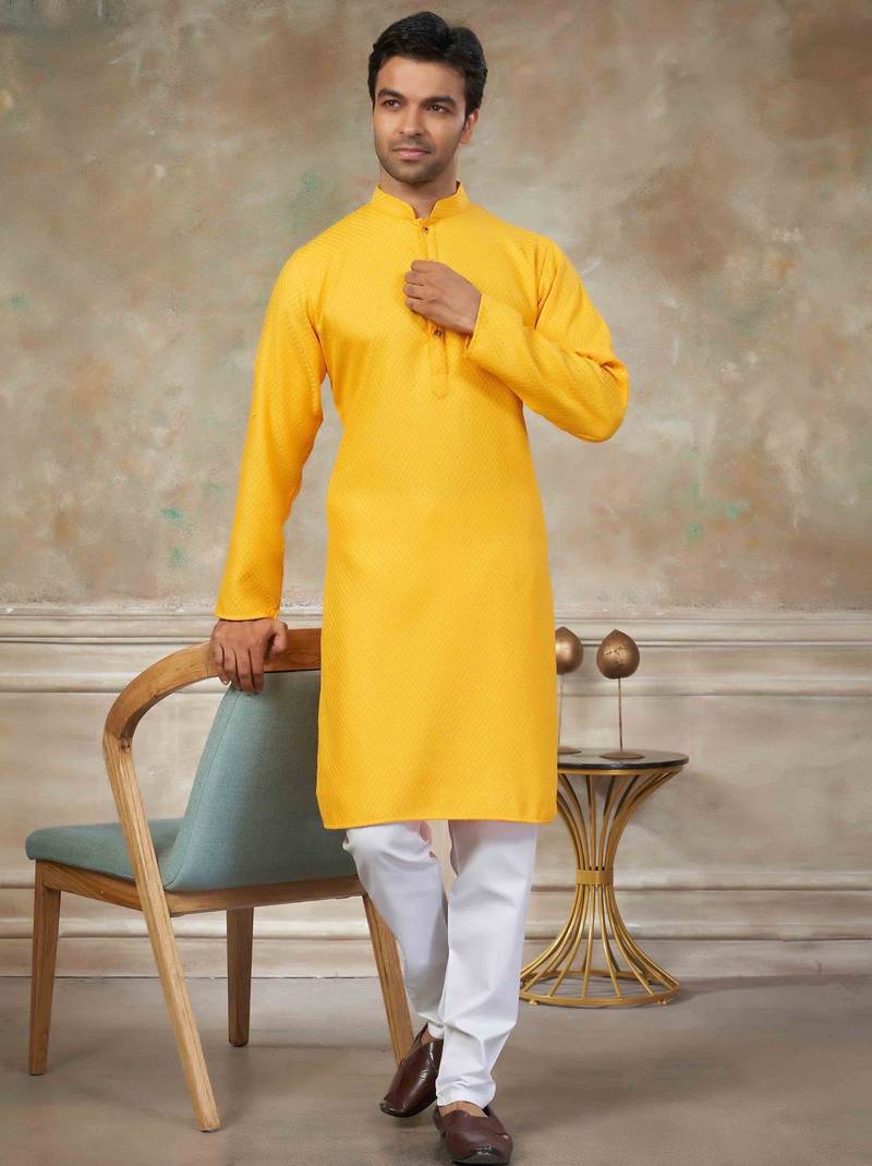 Yellow colour rayon cotton with weaving sifly kurta pajama mens wear