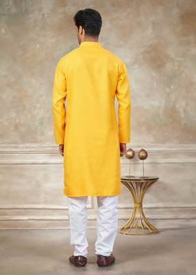 Yellow colour rayon cotton with weaving sifly kurta pajama mens wear 2