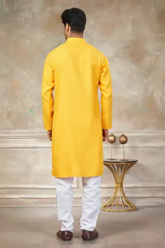 Yellow colour rayon cotton with weaving sifly kurta pajama mens wear