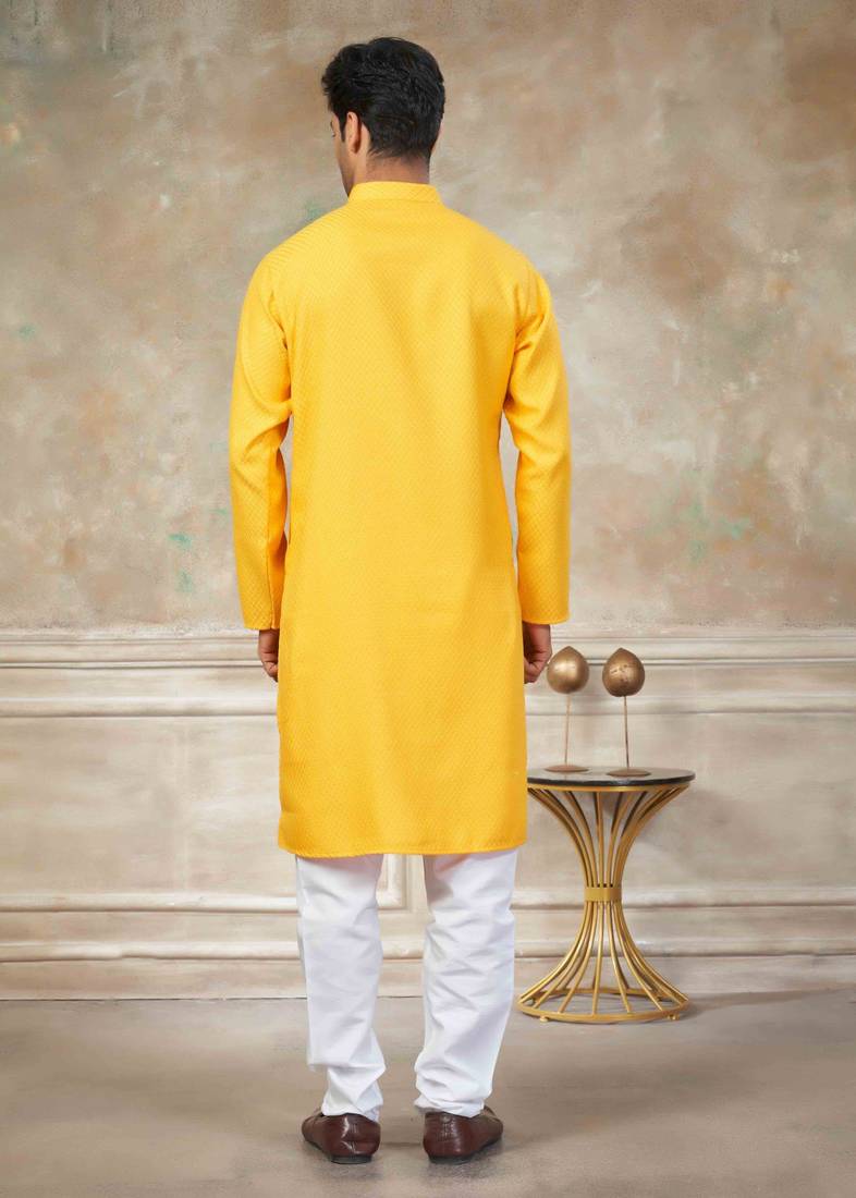 Yellow colour rayon cotton with weaving sifly kurta pajama mens wear