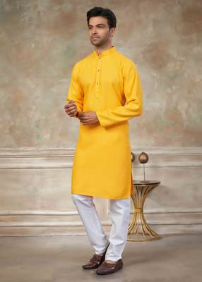 Yellow colour rayon cotton with weaving sifly kurta pajama mens wear 3