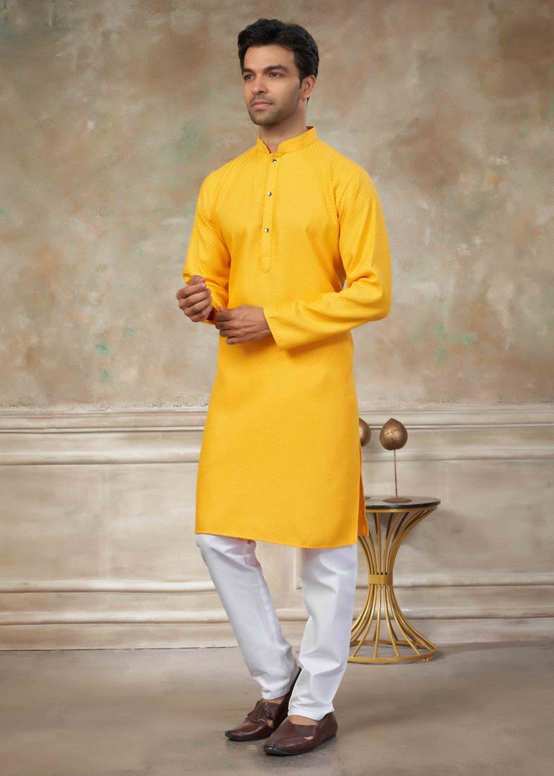 Yellow colour rayon cotton with weaving sifly kurta pajama mens wear