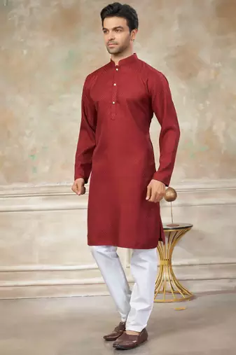 Maroon colour rayon cotton with weaving sifly kurta pajama mens wear