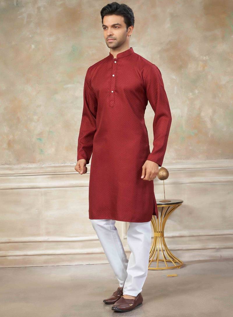 Maroon colour rayon cotton with weaving sifly kurta pajama mens wear