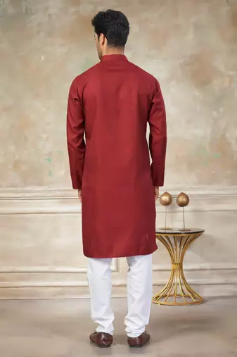 Maroon colour rayon cotton with weaving sifly kurta pajama mens wear