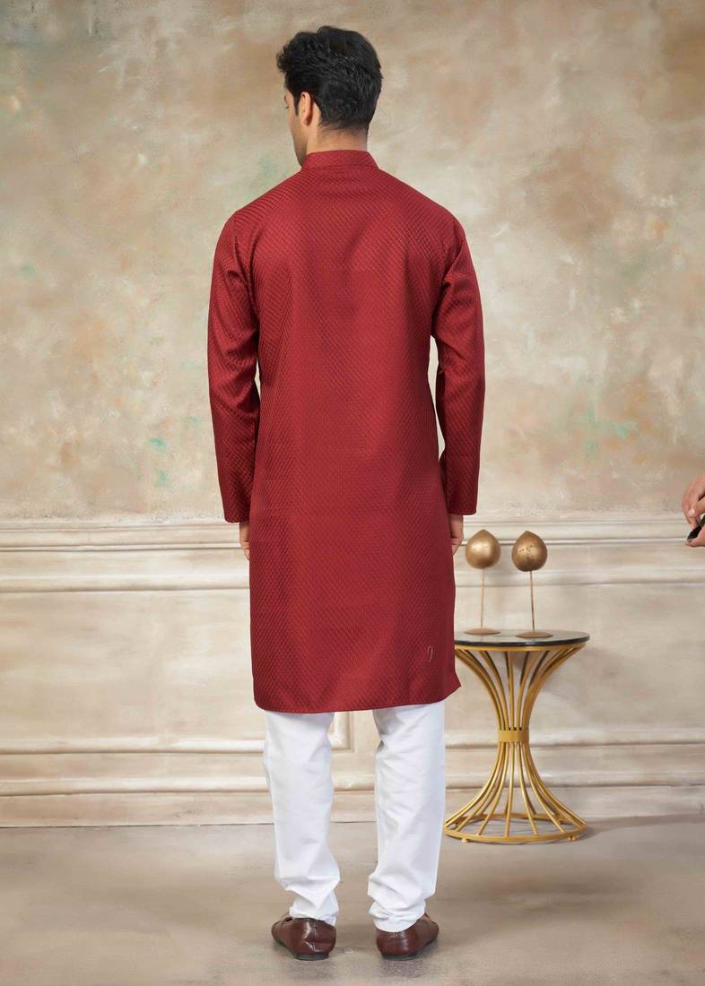 Maroon colour rayon cotton with weaving sifly kurta pajama mens wear