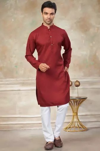 Maroon colour rayon cotton with weaving sifly kurta pajama mens wear