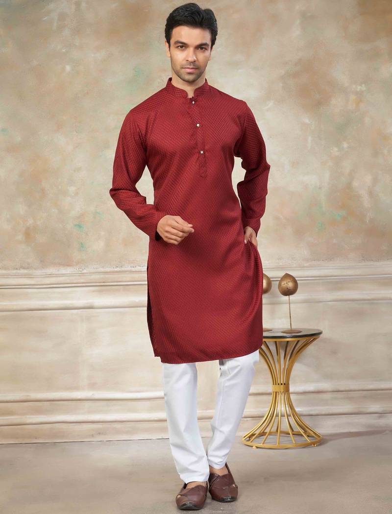 Maroon colour rayon cotton with weaving sifly kurta pajama mens wear