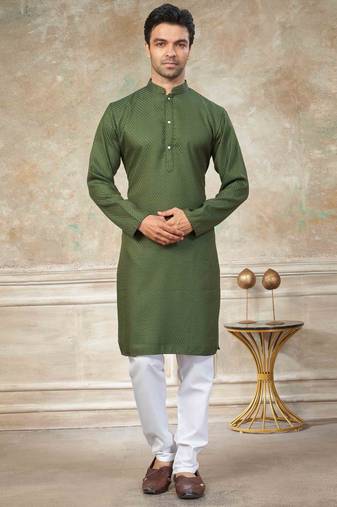 Green colour rayon cotton with weaving sifly kurta pajama mens wear