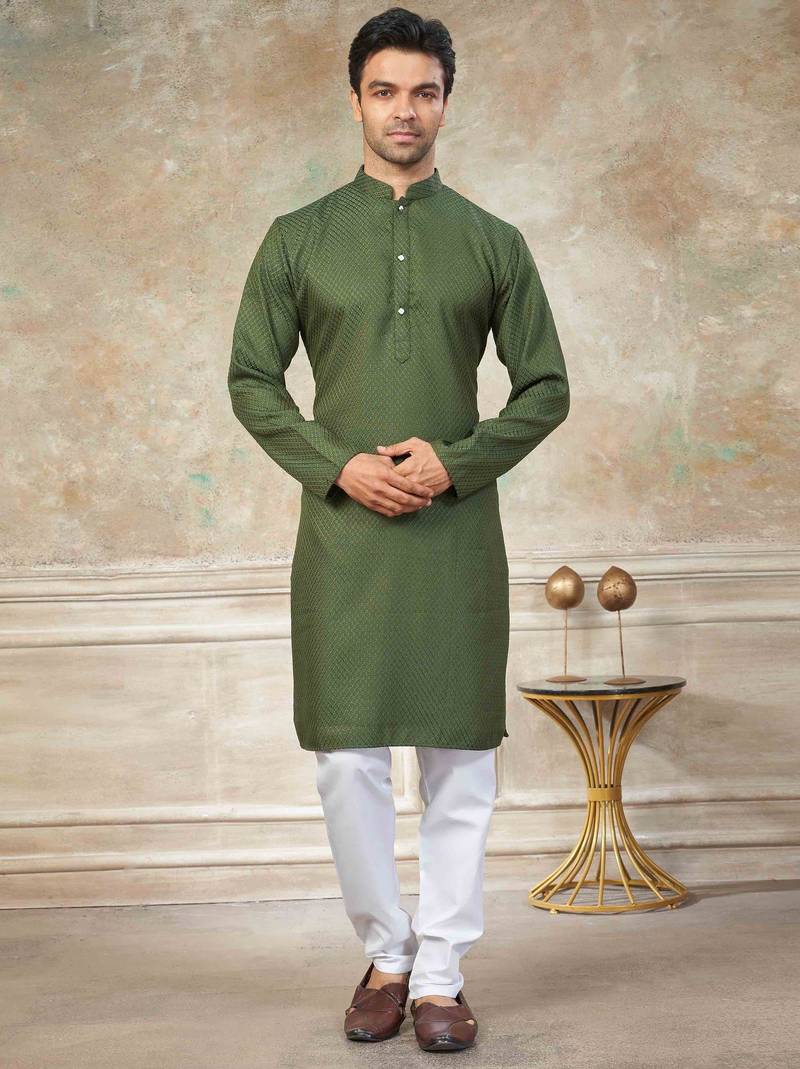 Green colour rayon cotton with weaving sifly kurta pajama mens wear