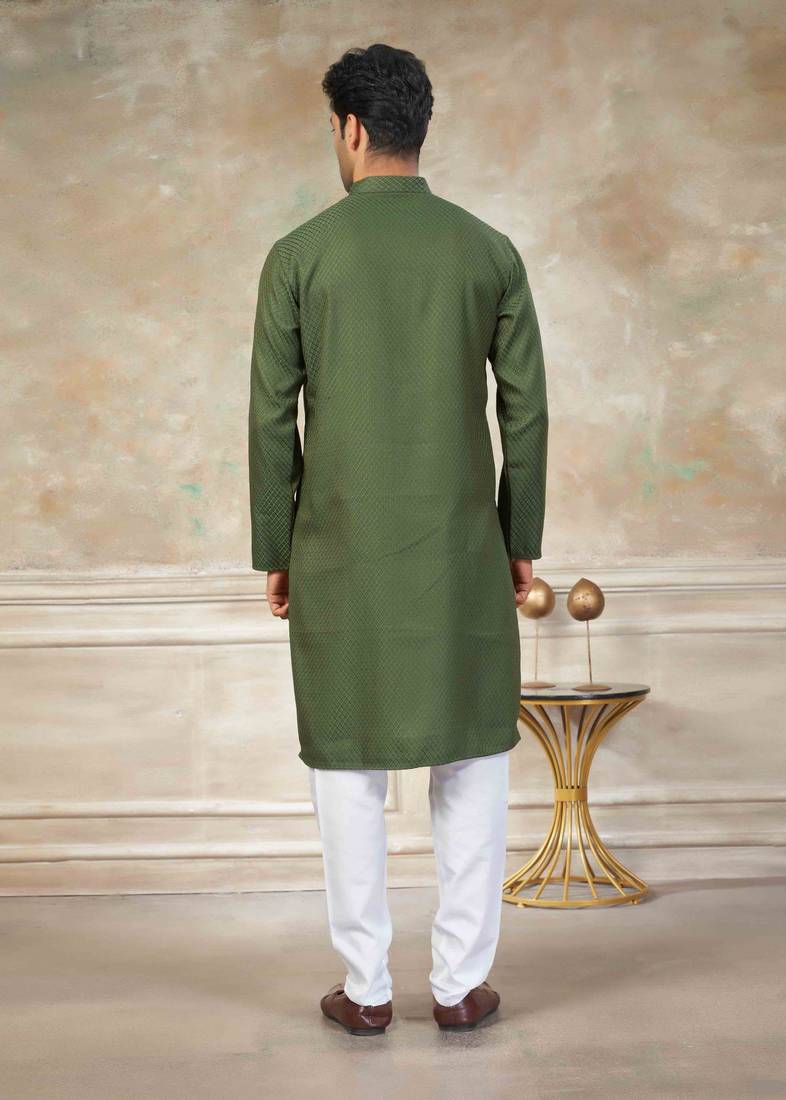 Green colour rayon cotton with weaving sifly kurta pajama mens wear