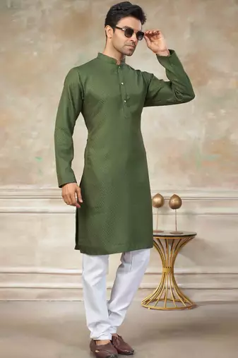 Green colour rayon cotton with weaving sifly kurta pajama mens wear