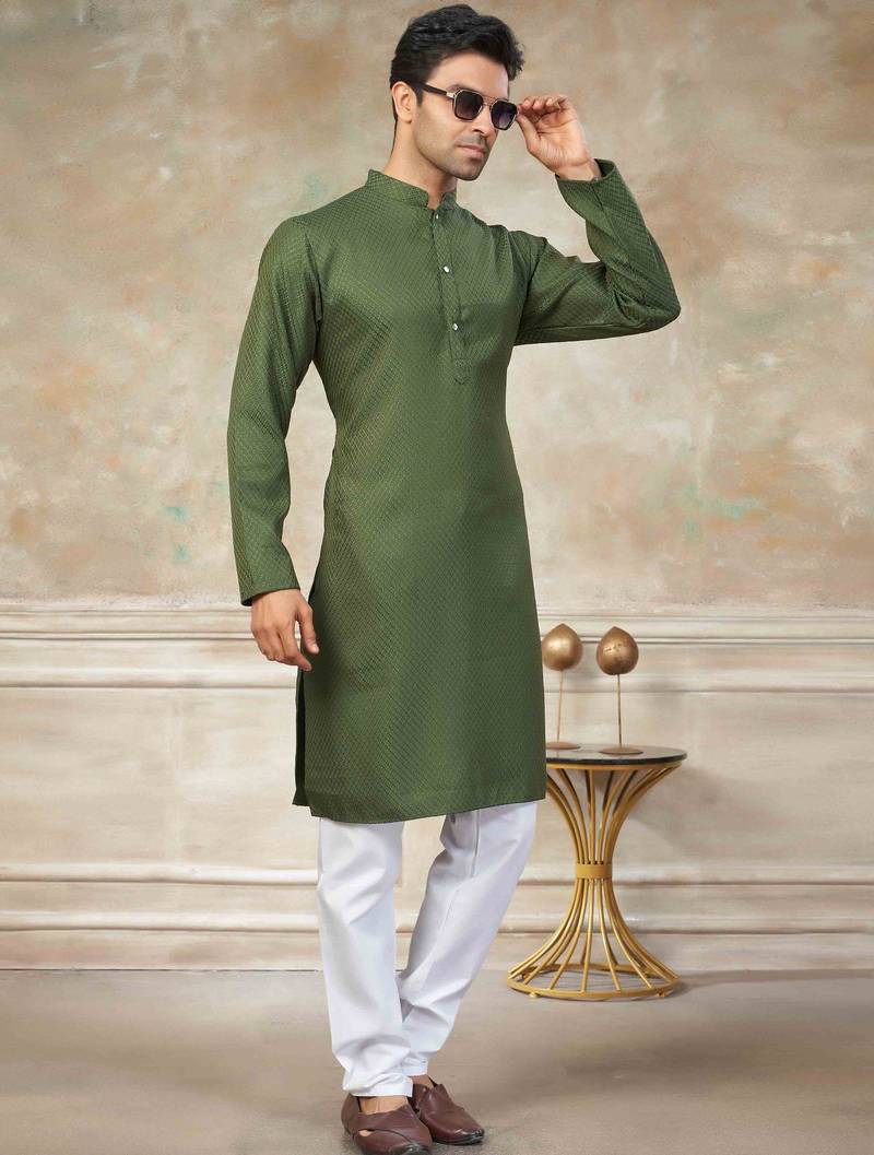 Green colour rayon cotton with weaving sifly kurta pajama mens wear